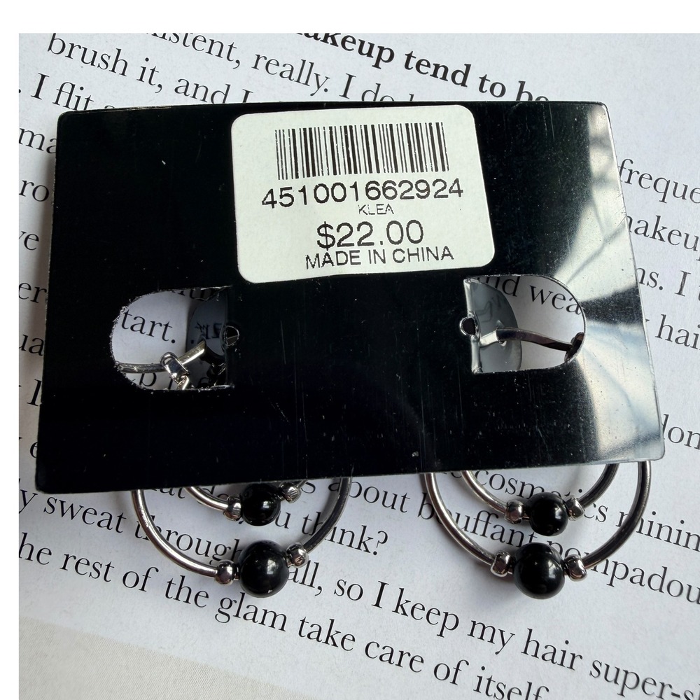 Chico's Hoop Earrings Y2K Silver Tone Black Bead 0.75" Double Hoop Locking Wire - Picture 4 of 8